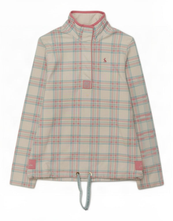 Suéter feminino Joules com gola redonda e botão UK 10 pequeno algodão xadrez branco