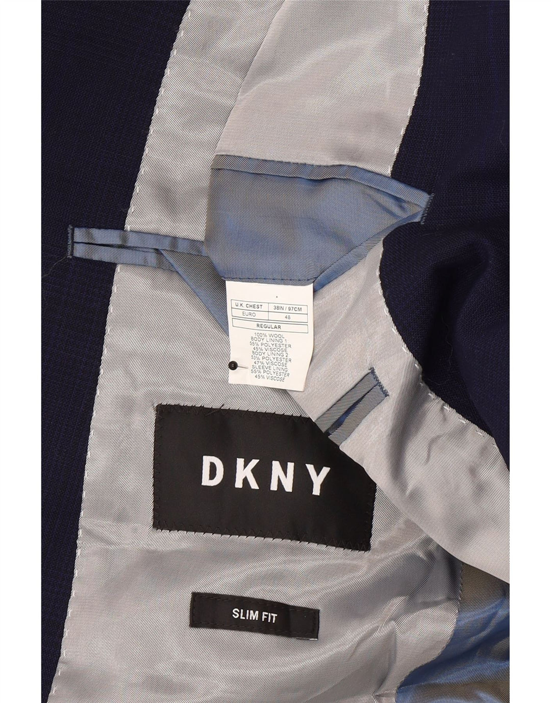 Jaqueta blazer masculina Dkny com 2 botões Slim Fit Reino Unido 38 lã azul marinho médio