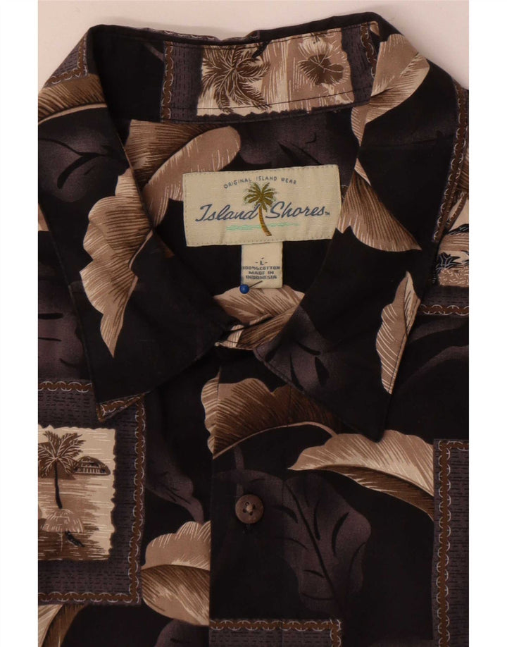 Camisa masculina de manga curta Island Shores, grande, marrom, patchwork, algodão
