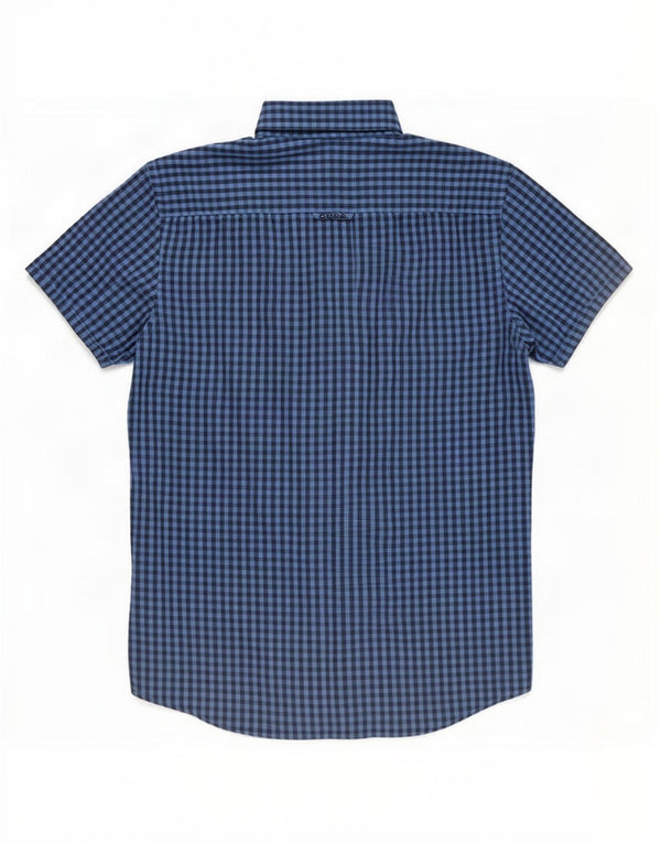 Crew Clothing Camisa masculina de manga curta pequena azul algodão guingão