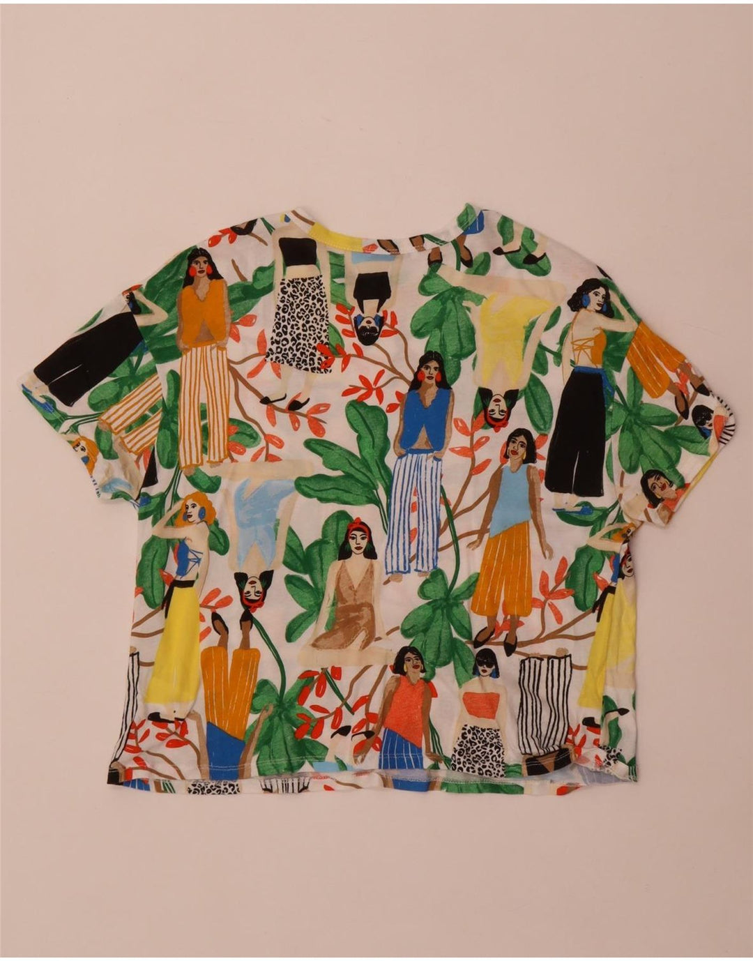 Zara Womens Crop Graphic T-Shirt Top UK 14 Médio Algodão Multicolorido