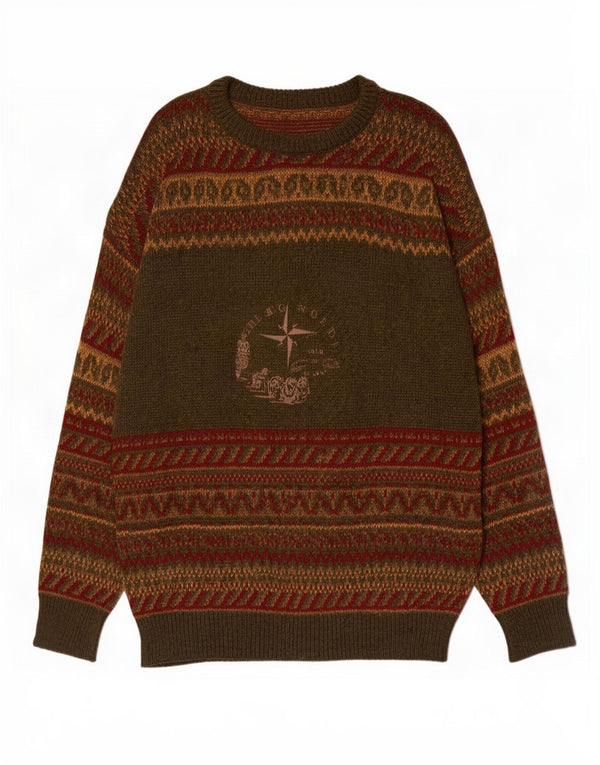 Suéter vintage masculino com gola redonda, grande lã verde Fair Isle