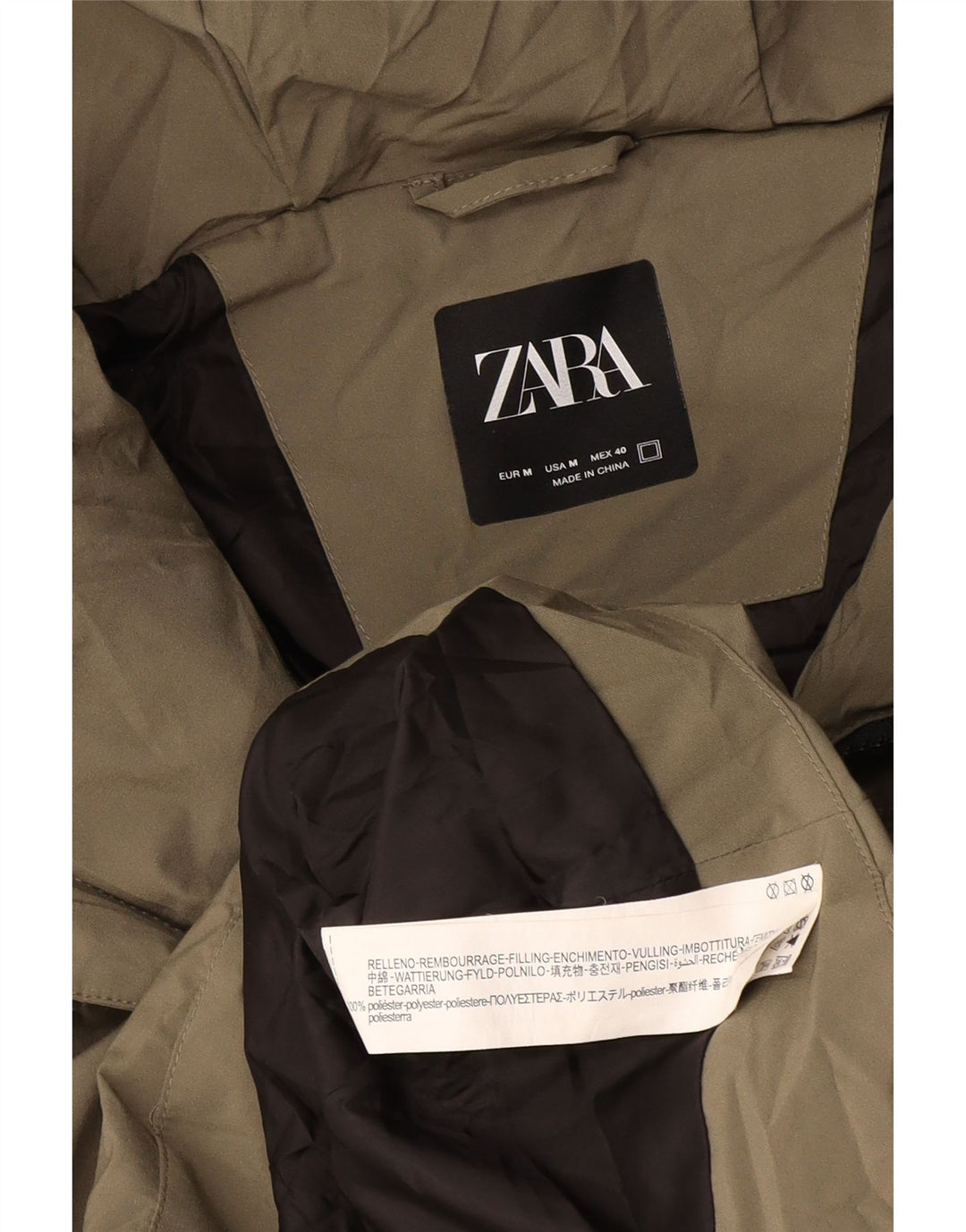 Jaqueta acolchoada com capuz masculina Zara UK 38 Poliéster cáqui médio