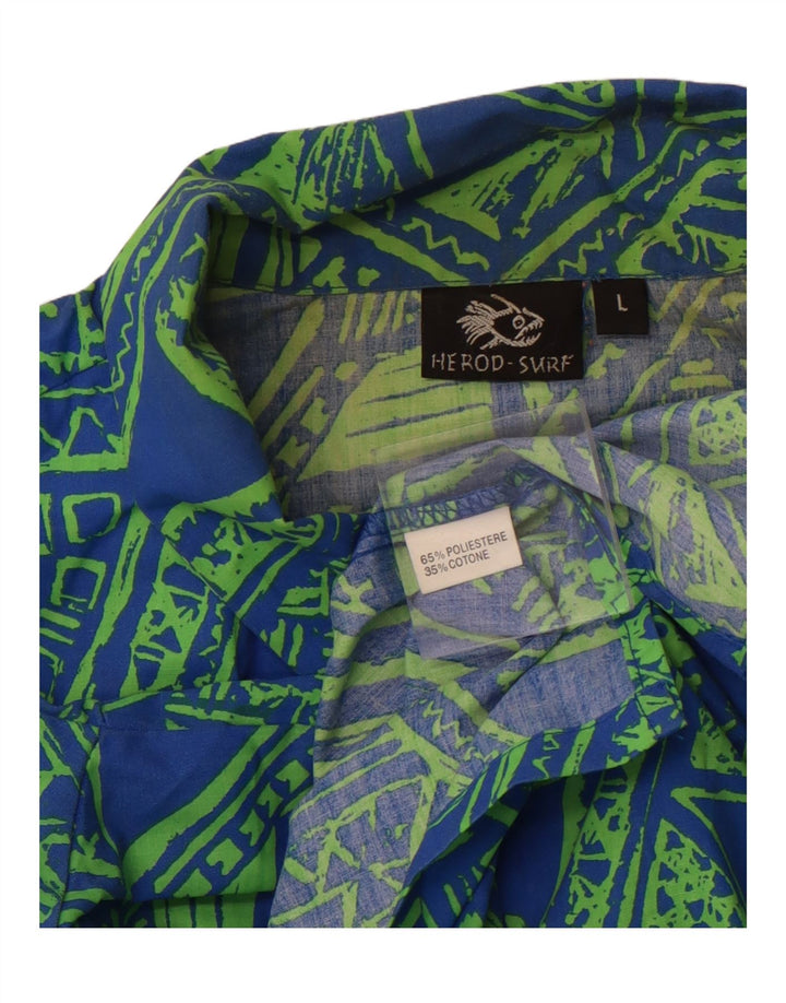 Camisa masculina VINTAGE de manga curta grande poliéster geométrico azul