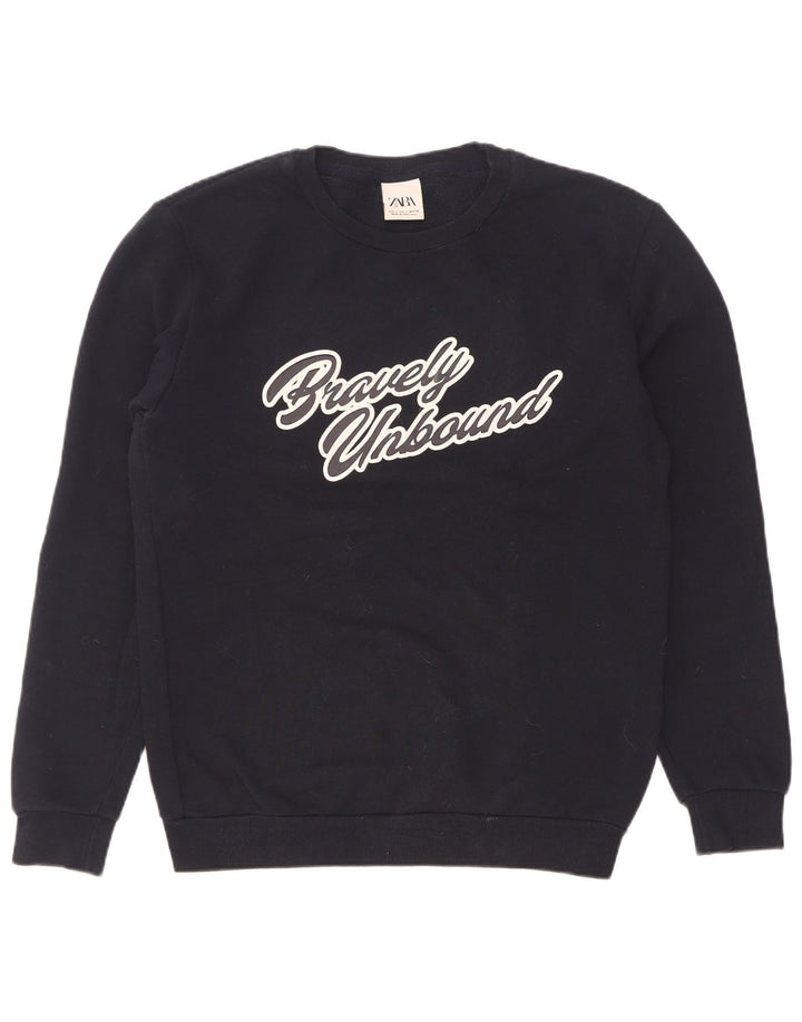 Zara moletom gráfico masculino jumper pequeno azul marinho algodão