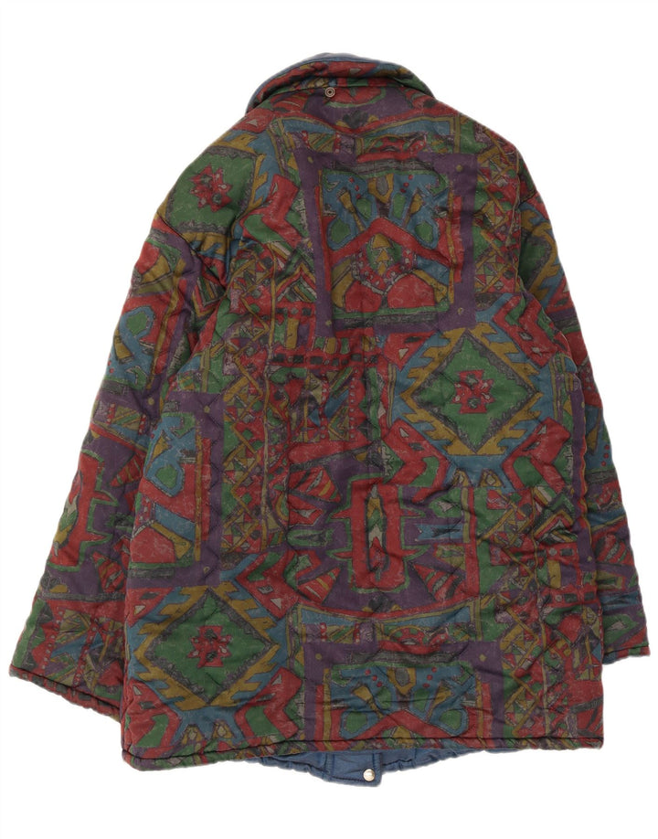 Jaqueta acolchoada reversível masculina vintage UK 40 grande geométrica multicolorida