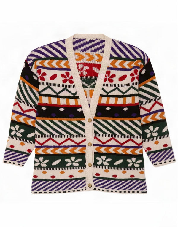 Suéter cardigã feminino com padrão abstrato vintage Reino Unido 14 médio multicolorido
