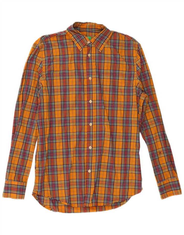 Camisa masculina Benetton médio laranja xadrez algodão