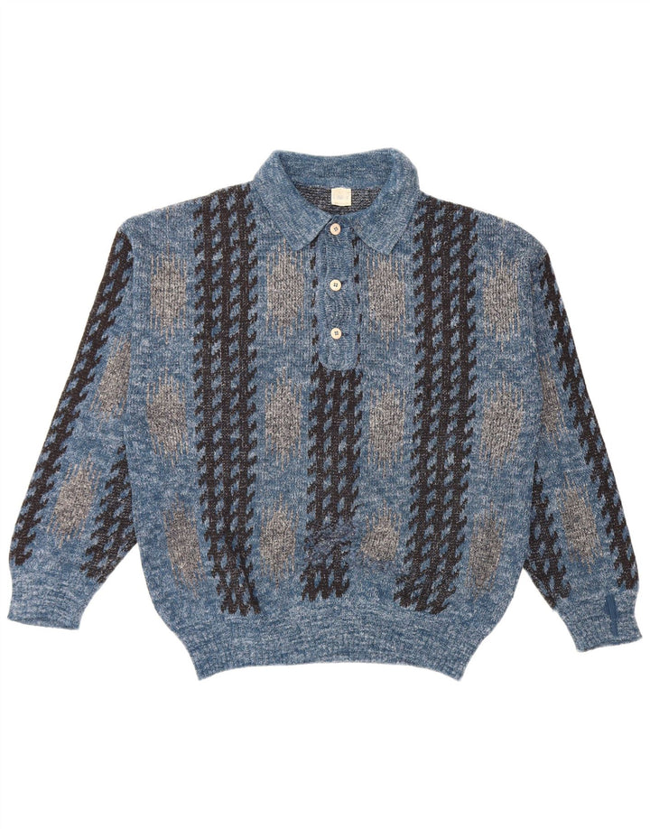 Suéter masculino vintage com gola polo e azul médio geométrico