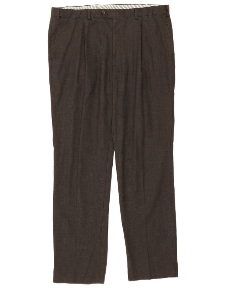 Calça masculina de terno reto Marks & Spencer W38 L33 lã marrom