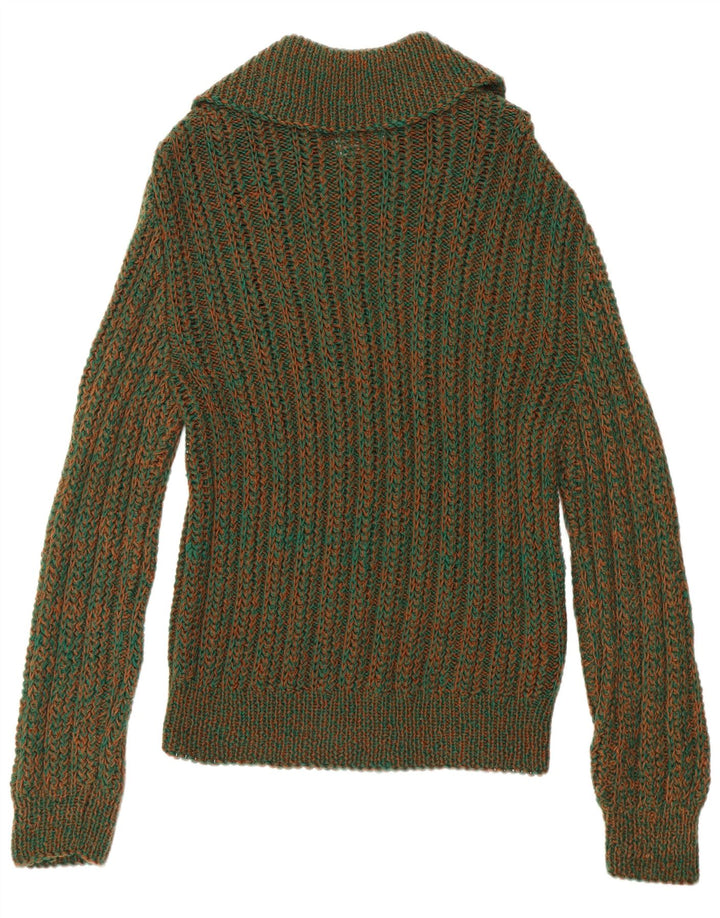 Suéter masculino vintage com gola polo, verde médio manchado