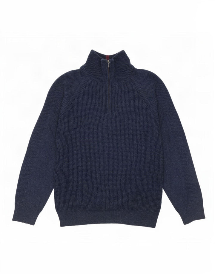 Suéter masculino branco com zíper e gola XL em lã de cordeiro azul marinho