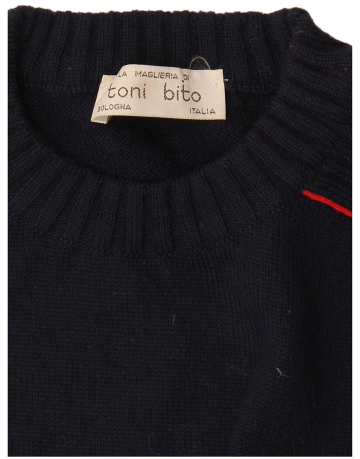 Suéter vintage masculino com gola redonda listrado médio azul marinho