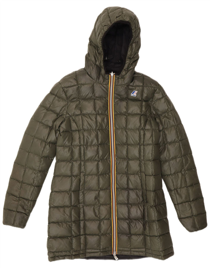 Casaco acolchoado reversível com capuz feminino K-Way EUA 6 bloco colorido preto médio