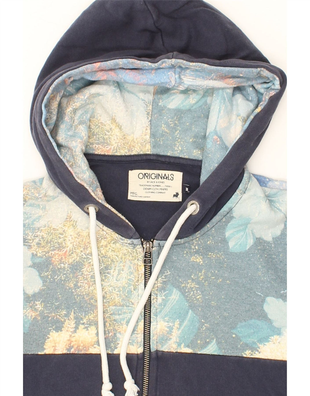 JACK & JONES Mens Zip Hoodie Sweater Medium Navy Blue Floral Cotton Vintage Jack & Jones and Second-Hand Jack & Jones from Messina Hembry 