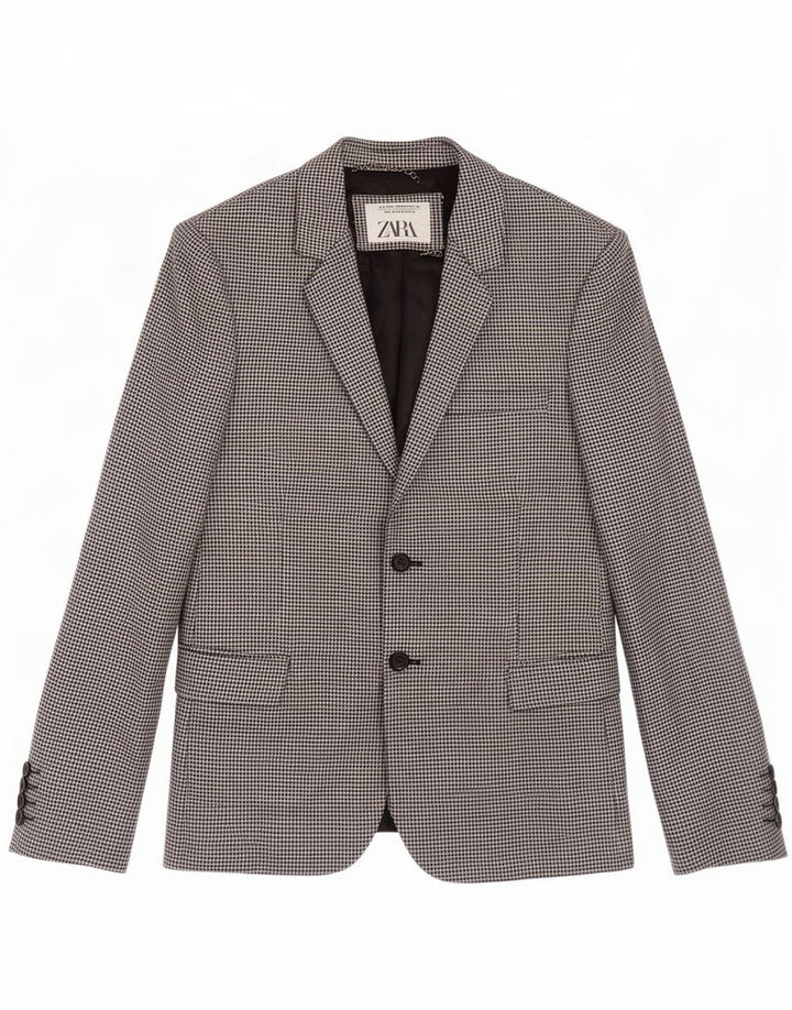 Zara Jaqueta blazer masculina de 2 botões EU 46 Lã Houndstooth pequena preta