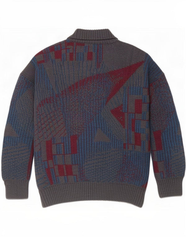 Suéter cardigã masculino vintage IT 54 XL lã geométrica cinza