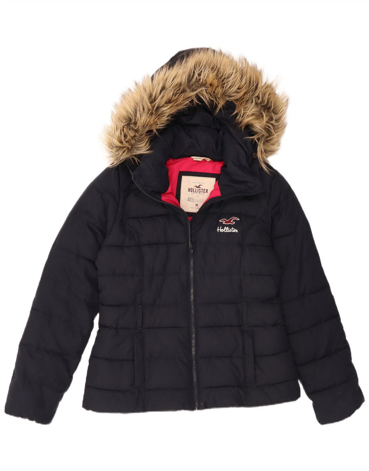 Jaqueta acolchoada com capuz feminina Hollister UK 12 poliéster azul marinho médio