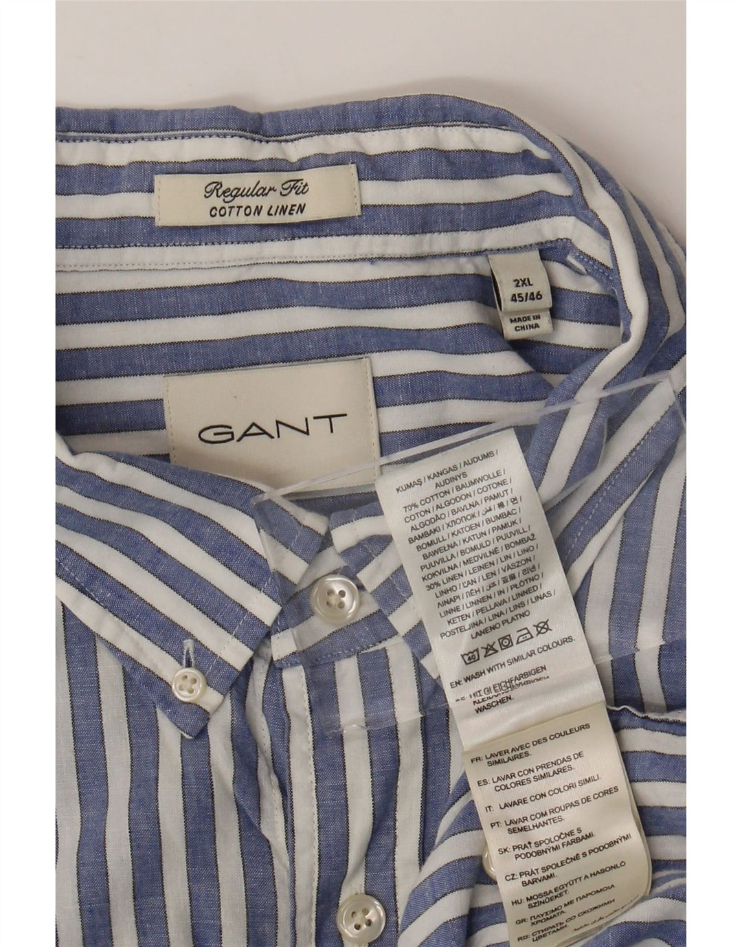 GANT Camisa masculina de manga curta de ajuste regular tamanho 45/46 2XL listrado azul