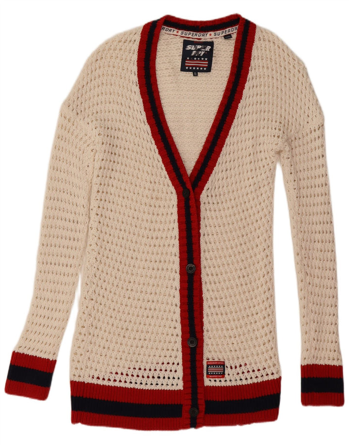 Suéter cardigã superdimensionado feminino Superdry Reino Unido 10 pequeno bloco colorido branco