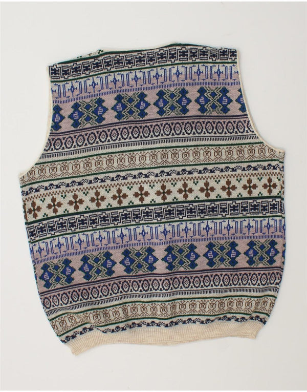 Suéter cardigã masculino vintage sem mangas, grande lã multicolorida Fair Isle