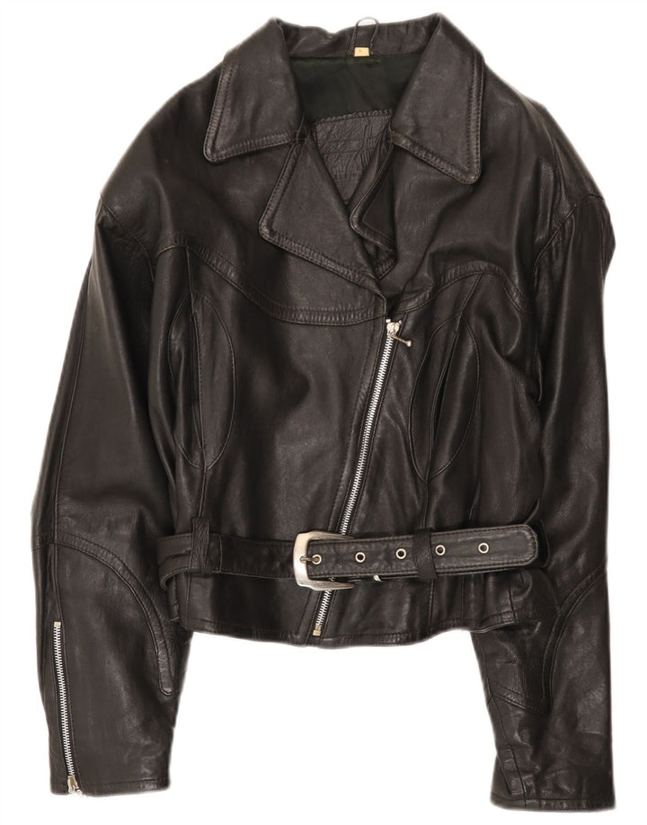 Jaqueta feminina de couro vintage para motociclista Reino Unido 14 couro preto grande
