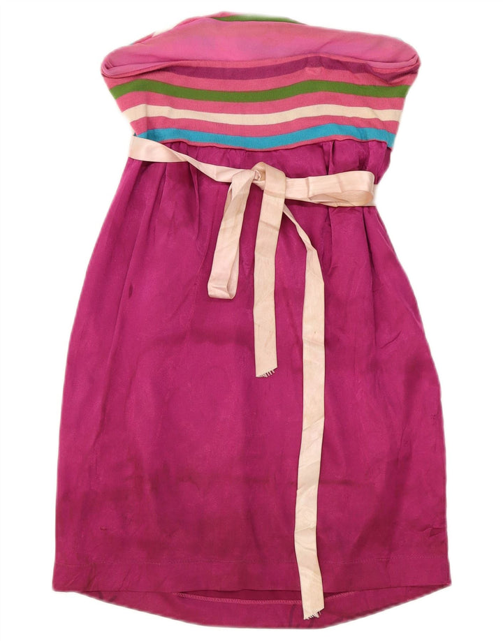 Vestido feminino vintage sem alças UK 12 poliéster listrado rosa médio