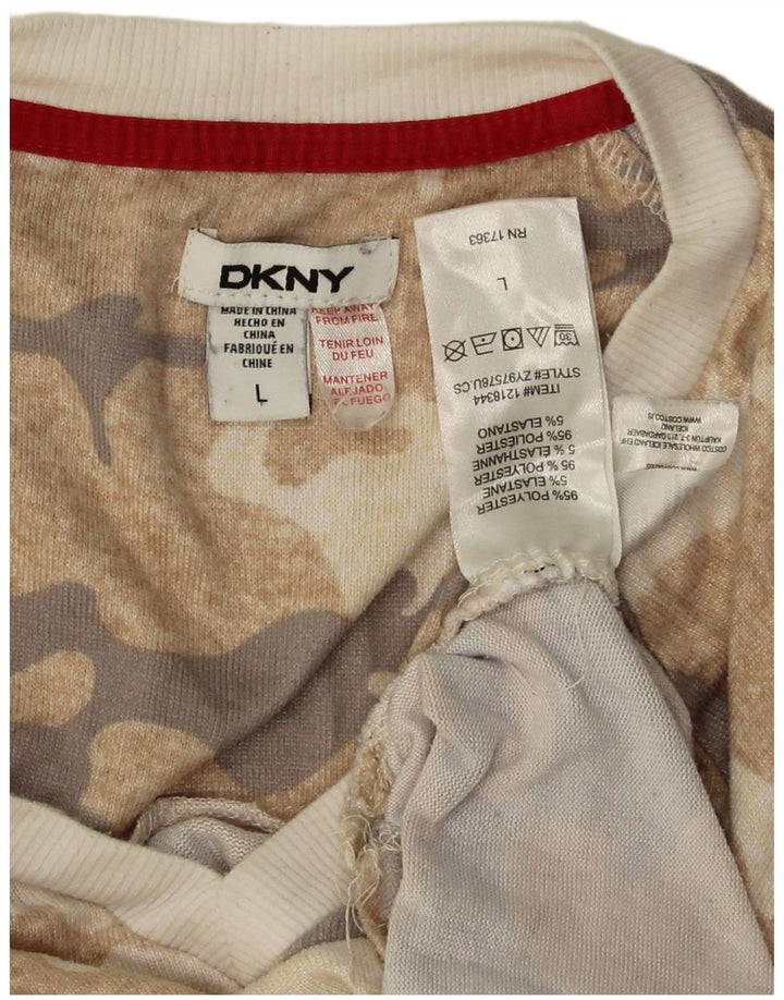 Dkny Top gráfico feminino manga comprida UK 16 grande poliéster camuflado bege