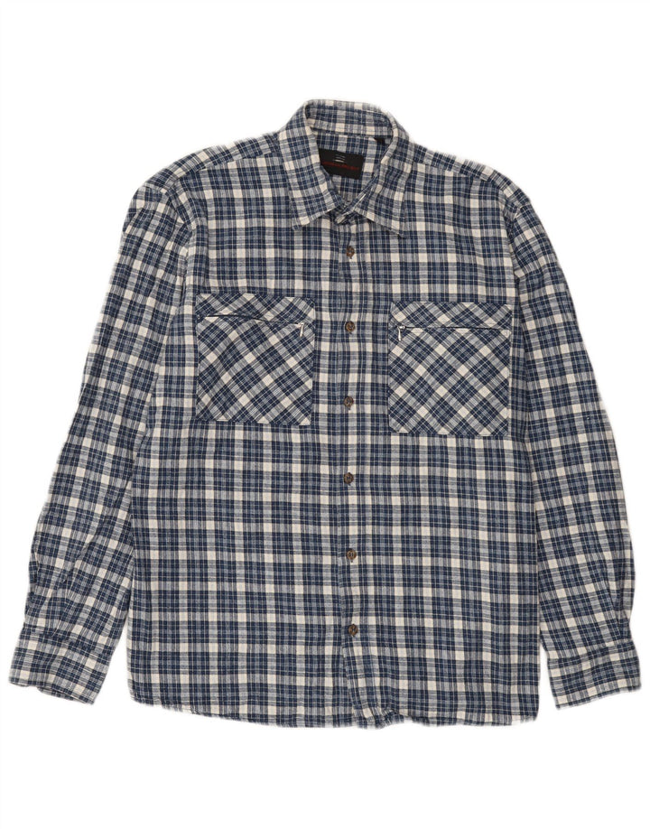Camiseta masculina de flanela do projeto europeu, camisa média azul xadrez de algodão