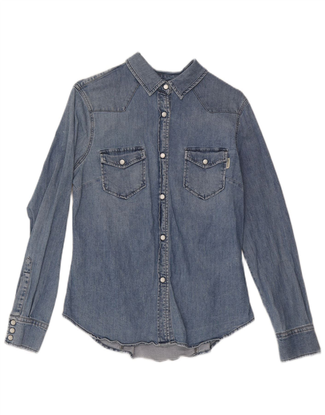 Camisa jeans feminina Roy Rogers Reino Unido 12 algodão azul médio