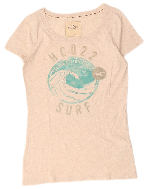 Camiseta feminina estampada Hollister Reino Unido 14 grande algodão bege