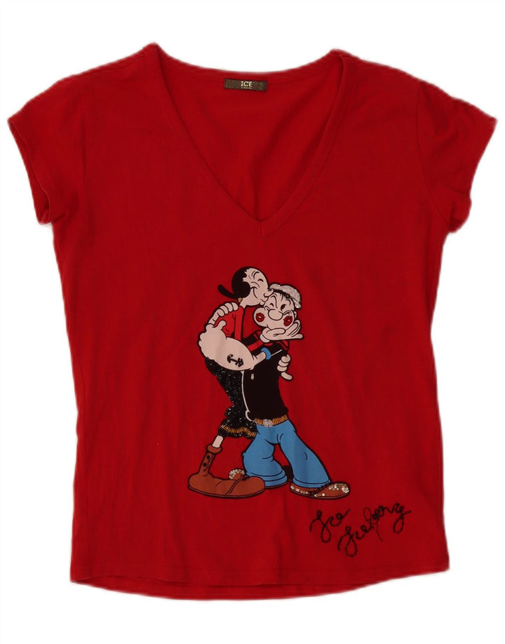 Camiseta feminina com estampa Popeye ICEBERG Reino Unido 12 algodão vermelho médio