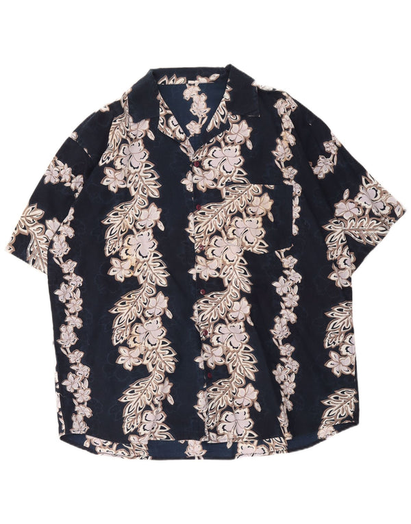 Camisa masculina vintage de manga curta grande algodão floral azul marinho