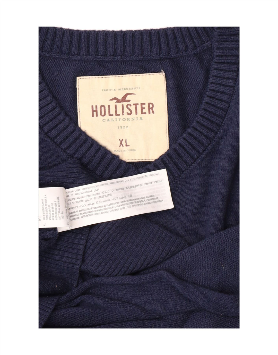 HOLLISTER Mens V-Neck Jumper Sweater XL Navy Blue Cotton Vintage Hollister and Second-Hand Hollister from Messina Hembry 