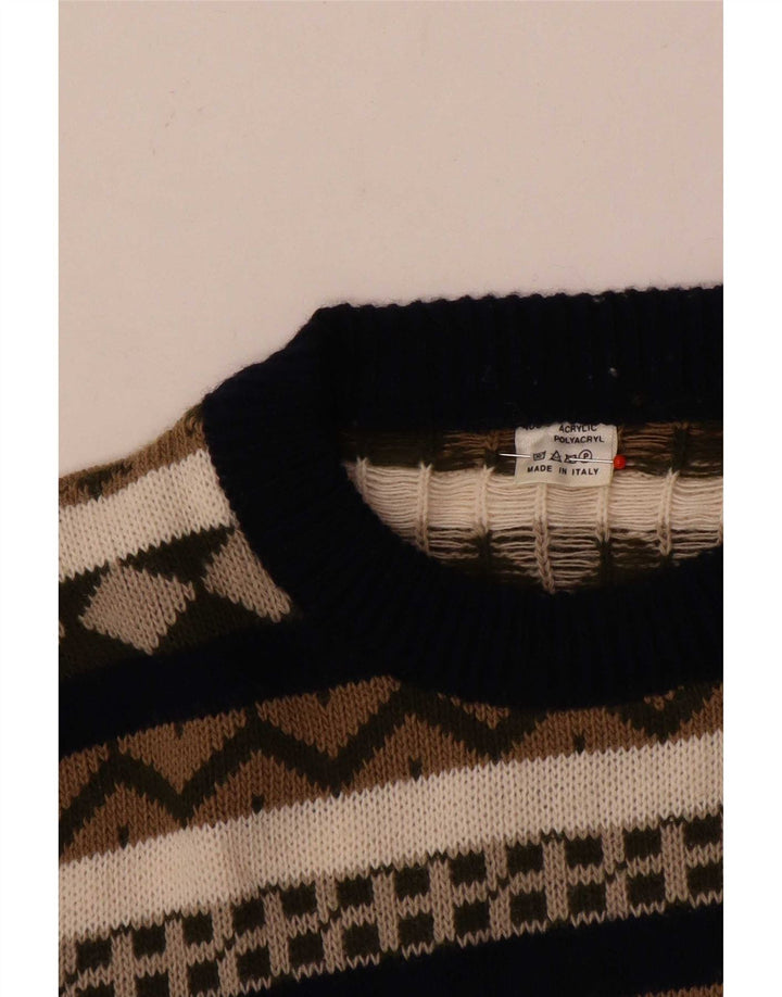 Suéter masculino vintage com gola canoa médio geométrico multicolorido
