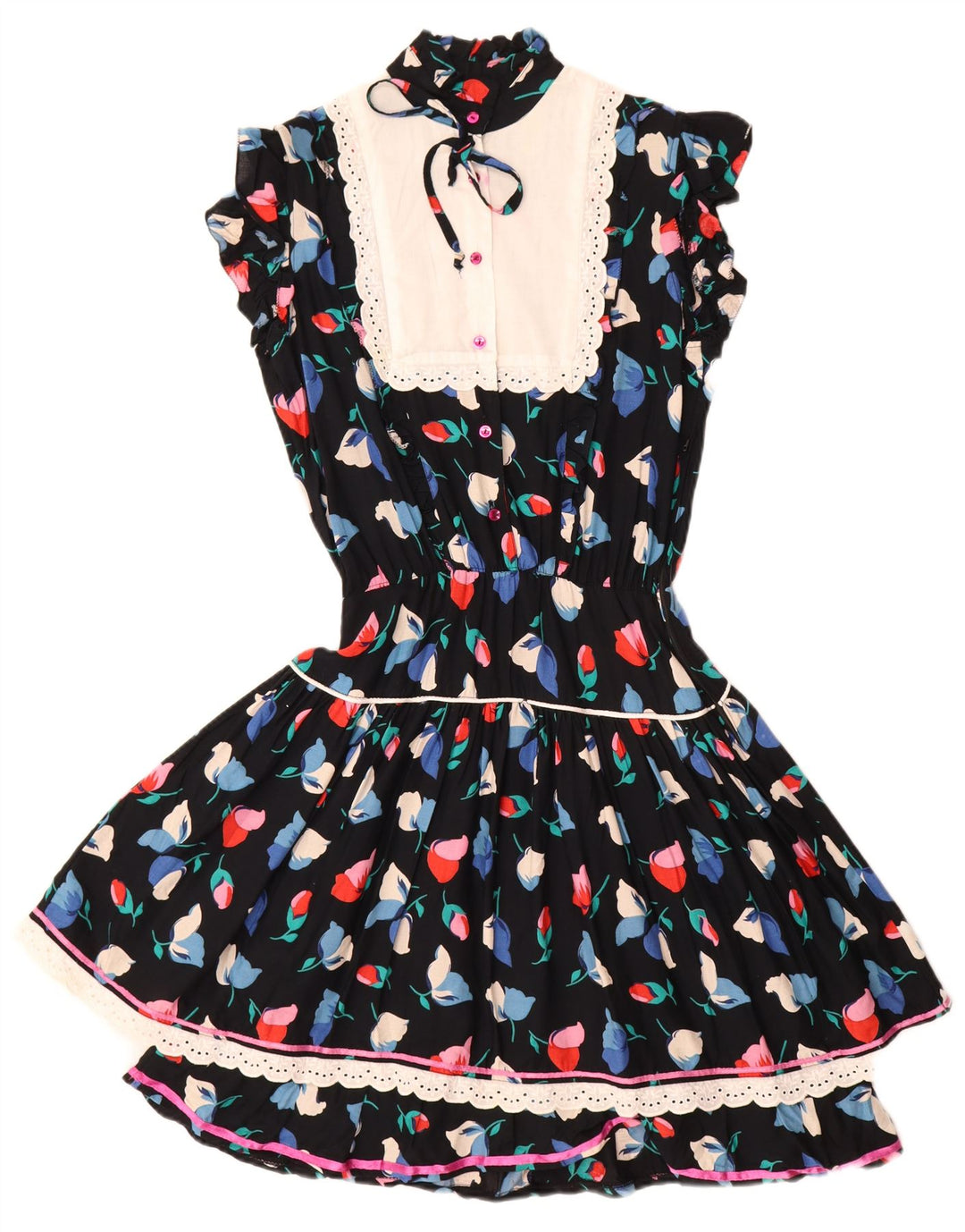 Vestido de chá feminino vintage UK 12 médio preto floral