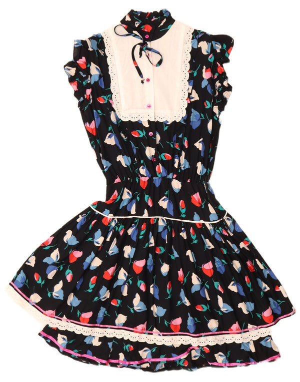 Vestido de chá feminino vintage UK 12 médio preto floral