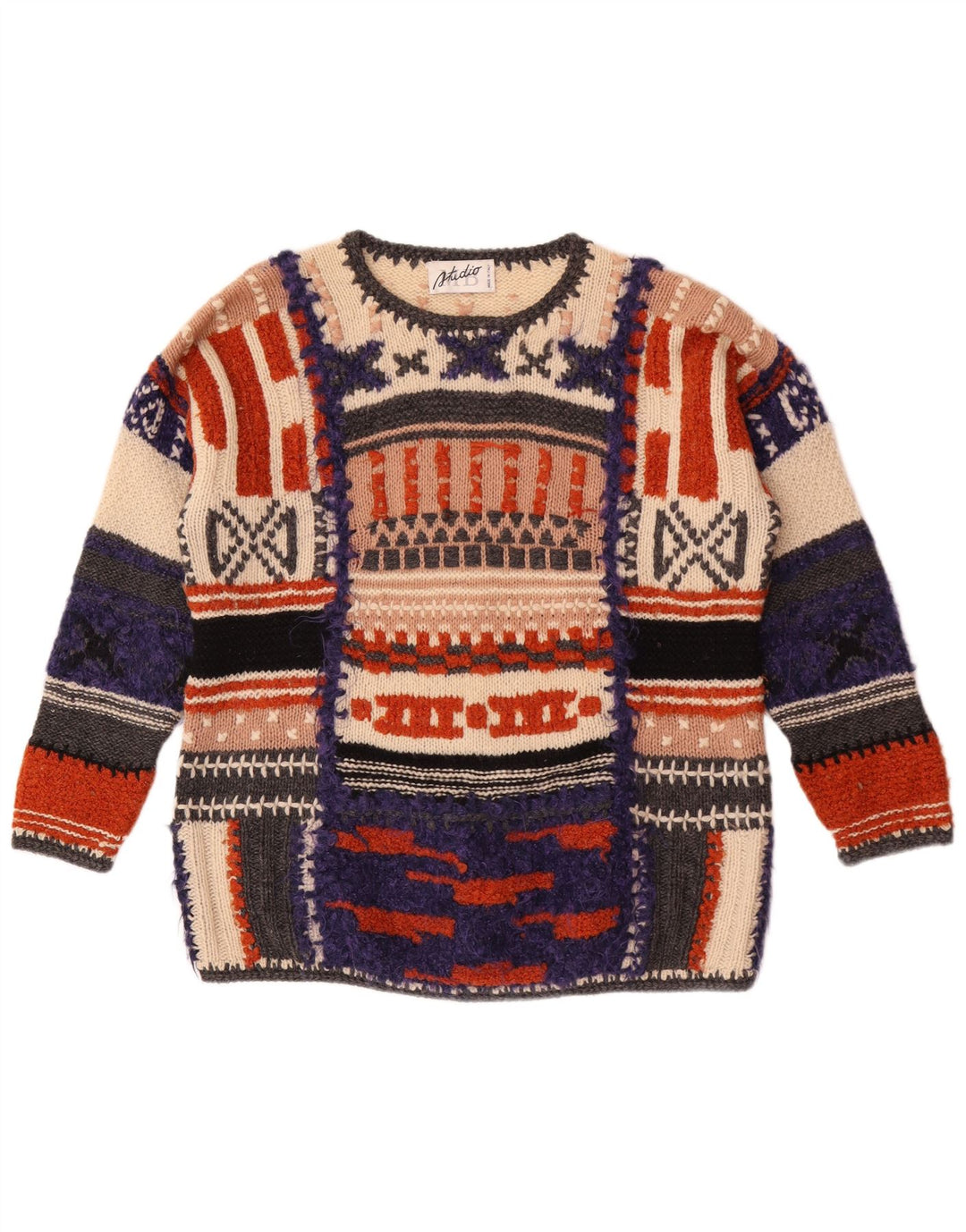 Suéter feminino Studio MB com gola redonda, Reino Unido 14, grande, multicolorido, retrô