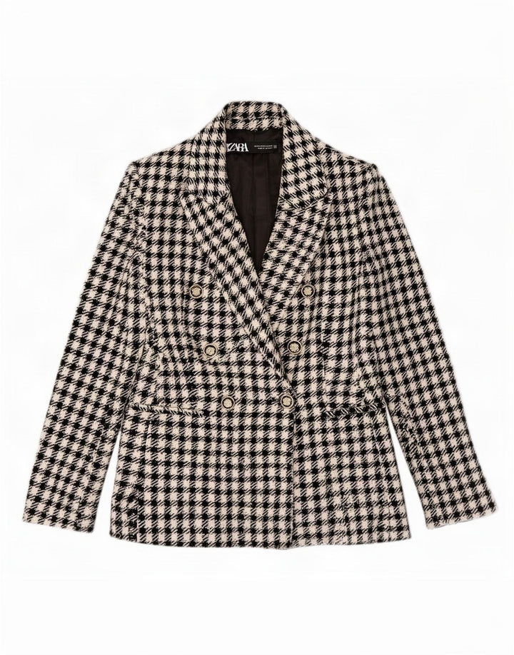 Jaqueta blazer feminina Zara com peito duplo Reino Unido 6 XS preto guingão poliéster