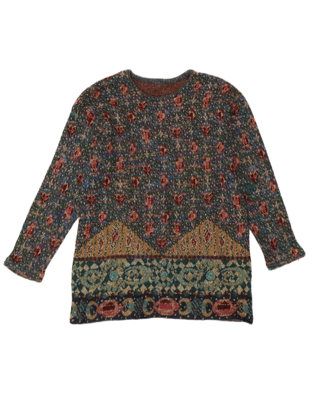 Suéter feminino vintage com gola redonda UK 14 médio multicolorido