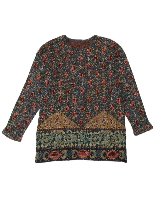 Suéter feminino vintage com gola redonda UK 14 médio multicolorido