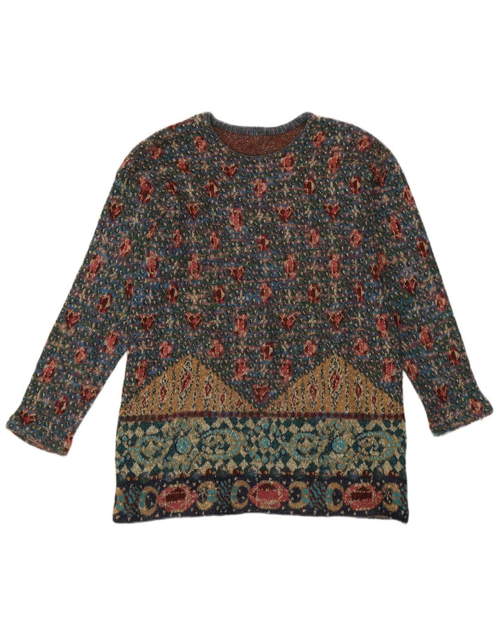 Suéter feminino vintage com gola redonda UK 14 médio multicolorido