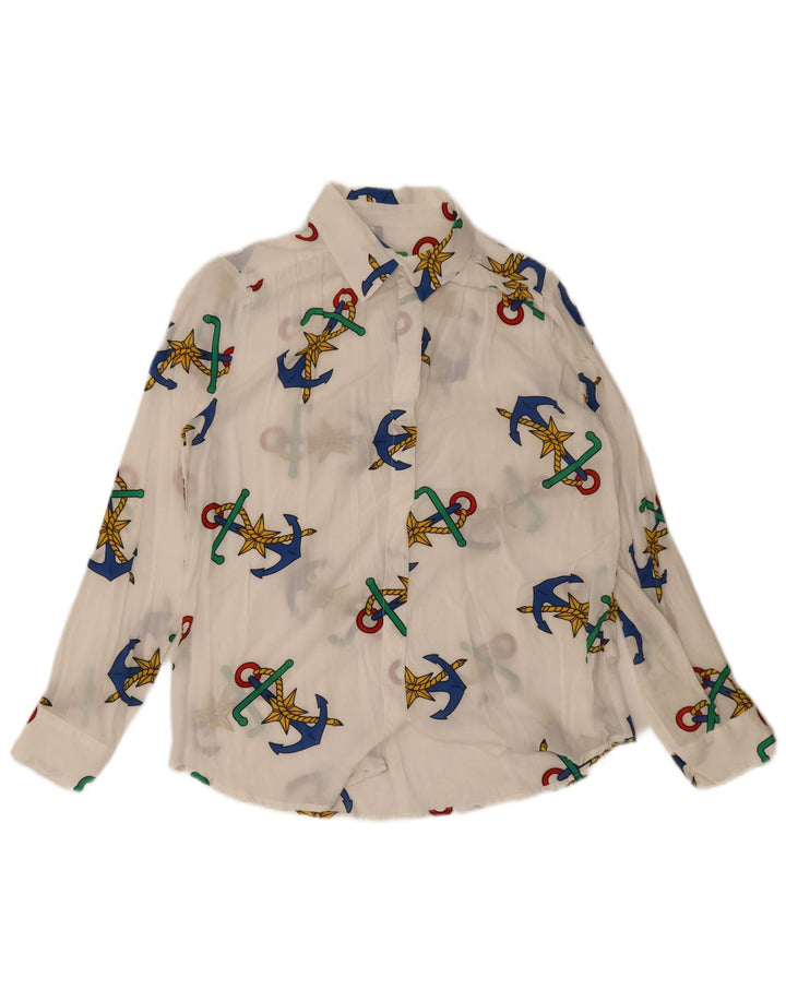 Camisa feminina Benetton com padrão abstrato Reino Unido 16 grande branco modal