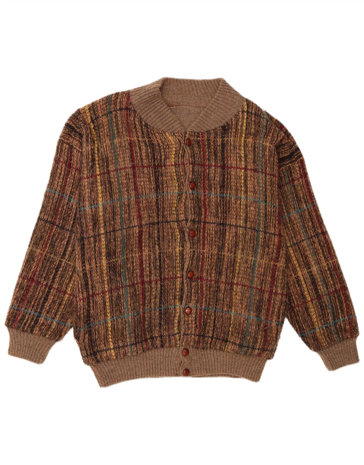 Suéter cardigã masculino vintage grande acrílico xadrez marrom