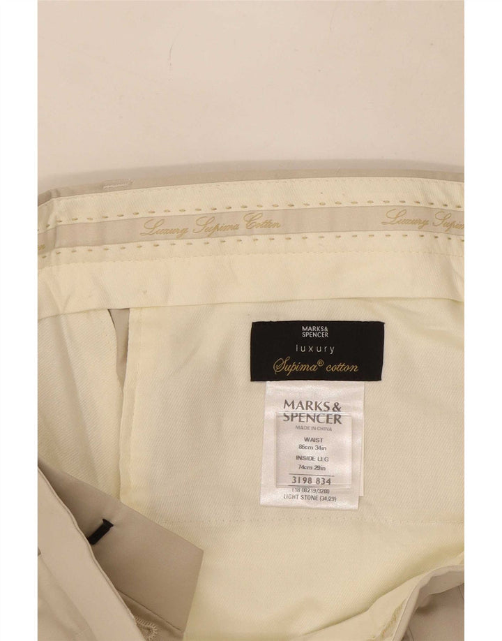 Calça masculina de terno reto Marks & Spencer W34 L29 algodão bege