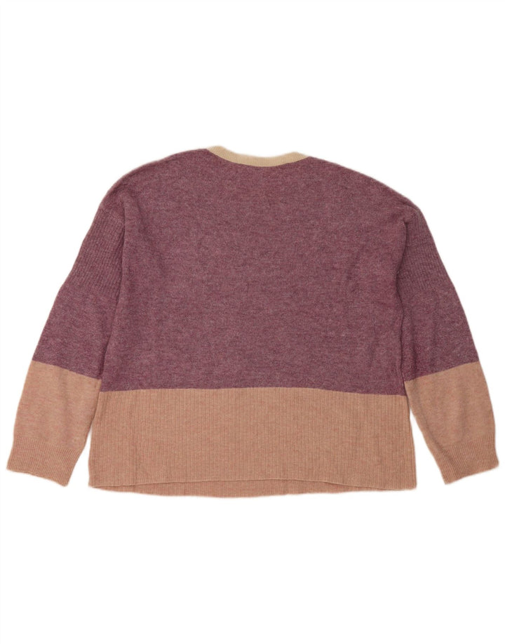 Suéter feminino branco com gola redonda e gola redonda UK 12 bloco colorido roxo médio