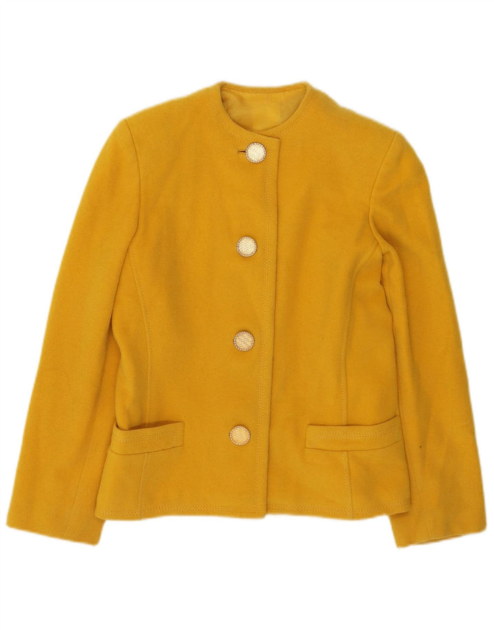 Jaqueta blazer vintage feminina com 4 botões UK 10 pequena amarela