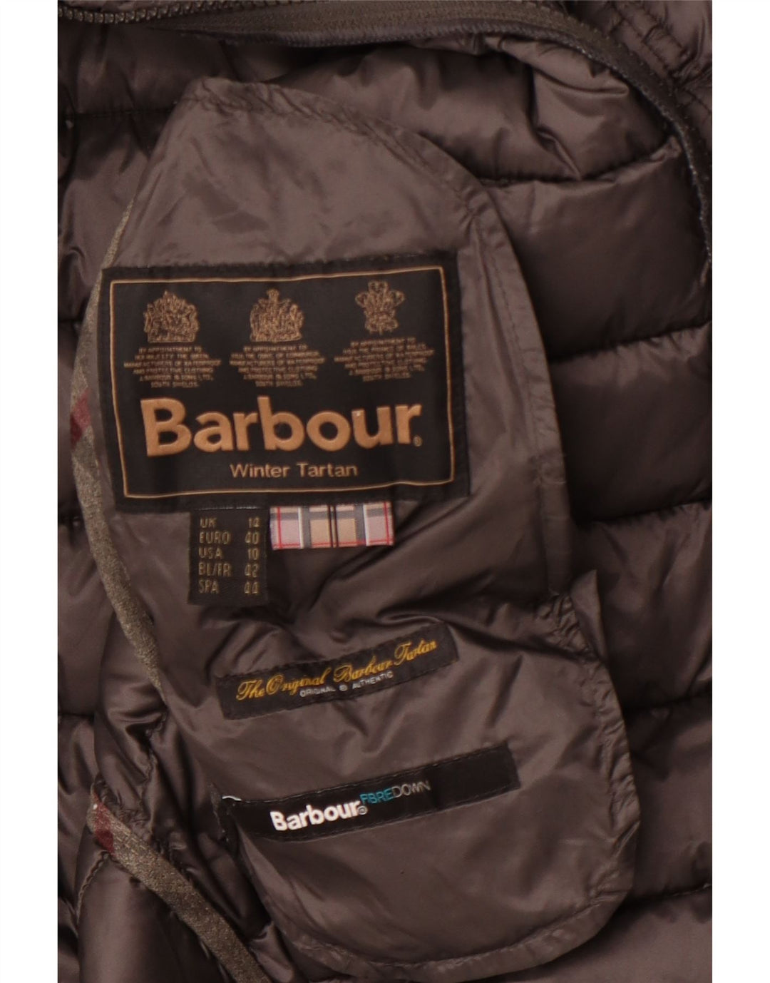 Jaqueta feminina Barbour de inverno acolchoada em tartan Reino Unido 14 grande cinza inverno