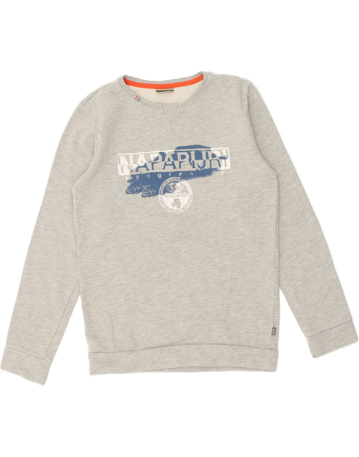 NAPAPIJRI Boys Graphic Sweatshirt Jumper 13-14 Years Grey Cotton Vintage Napapijri and Second-Hand Napapijri from Messina Hembry 