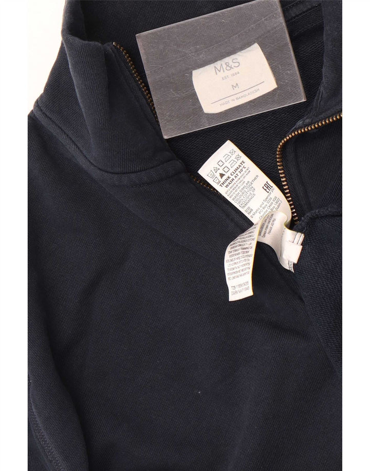 Suéter masculino Marks & Spencer com zíper e gola em algodão azul marinho médio